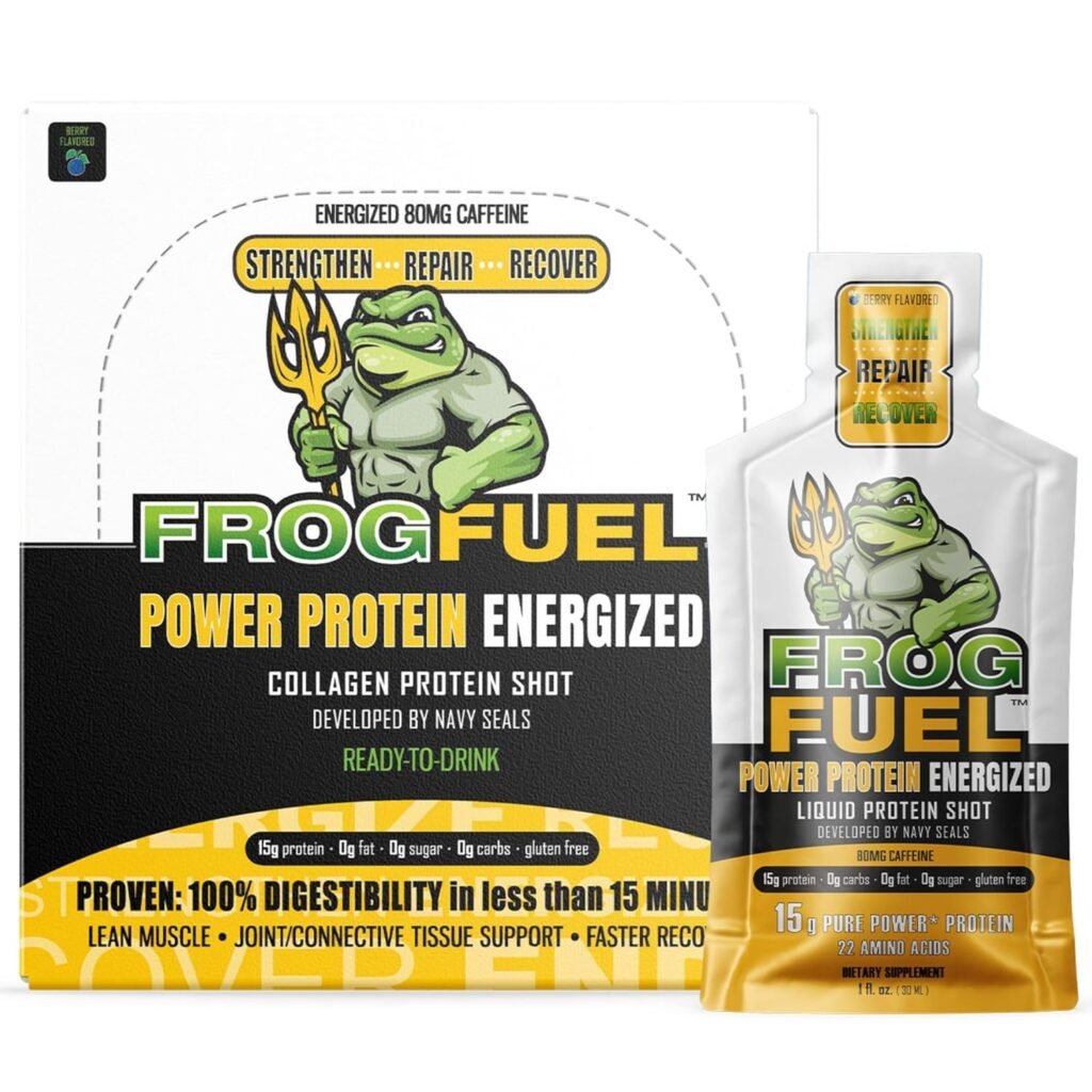 Frog Fuel Power Regular Complete Protein Shot, 15g Protein Nano-Hydrolyzed Grass Fed Collagen, Post Workout, Gluten Free, Fat  Sugar Free, 22 Amino Acids, 0 Carbs, Berry, 1 oz Packets, 24 Pack