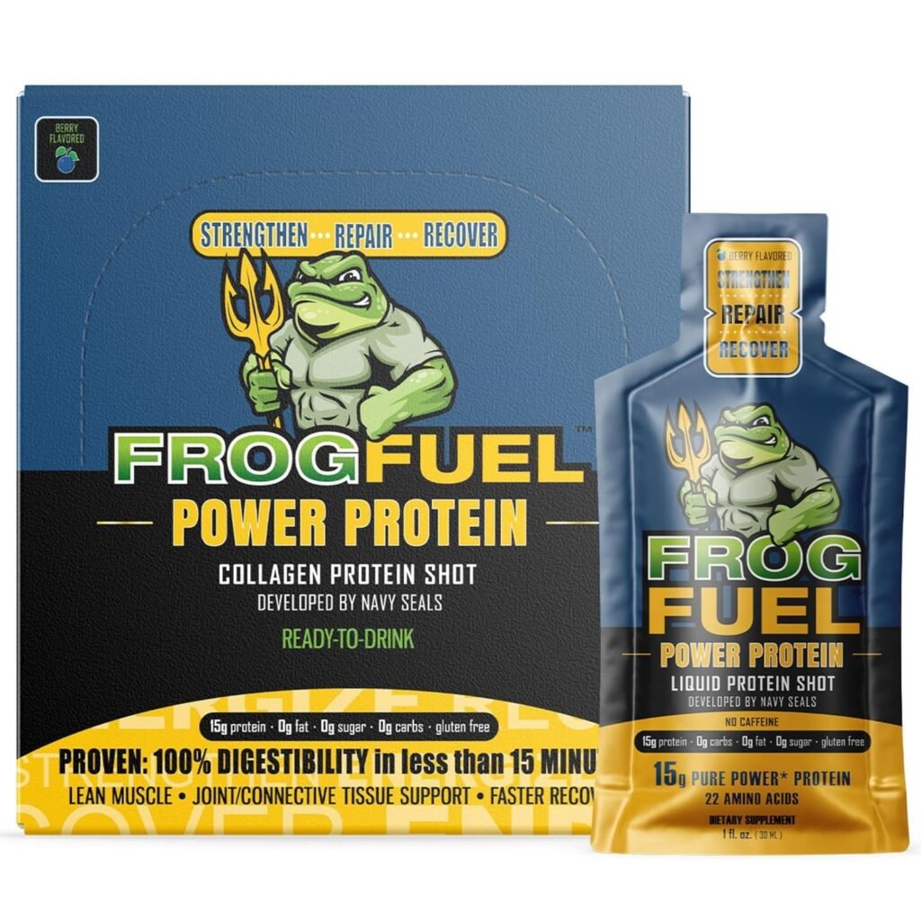 Frog Fuel Power Regular Complete Protein Shot, 15g Protein Nano-Hydrolyzed Grass Fed Collagen, Post Workout, Gluten Free, Fat  Sugar Free, 22 Amino Acids, 0 Carbs, Berry, 1 oz Packets, 24 Pack