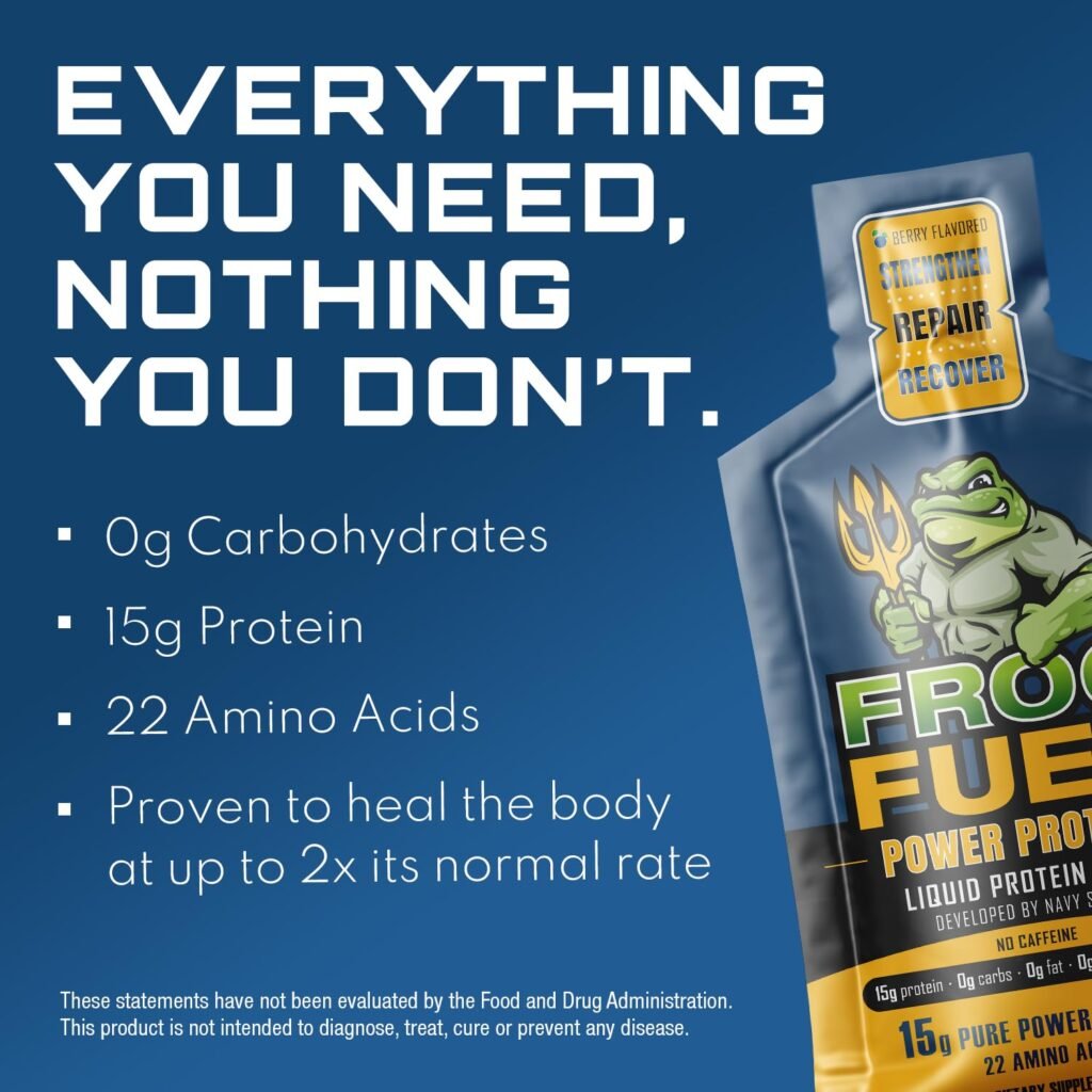 Frog Fuel Power Regular Complete Protein Shot, 15g Protein Nano-Hydrolyzed Grass Fed Collagen, Post Workout, Gluten Free, Fat  Sugar Free, 22 Amino Acids, 0 Carbs, Berry, 1 oz Packets, 24 Pack