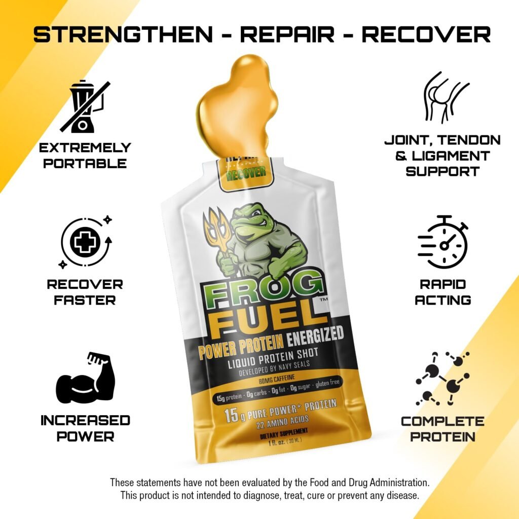 Frog Fuel Power Regular Complete Protein Shot, 15g Protein Nano-Hydrolyzed Grass Fed Collagen, Post Workout, Gluten Free, Fat  Sugar Free, 22 Amino Acids, 0 Carbs, Berry, 1 oz Packets, 24 Pack