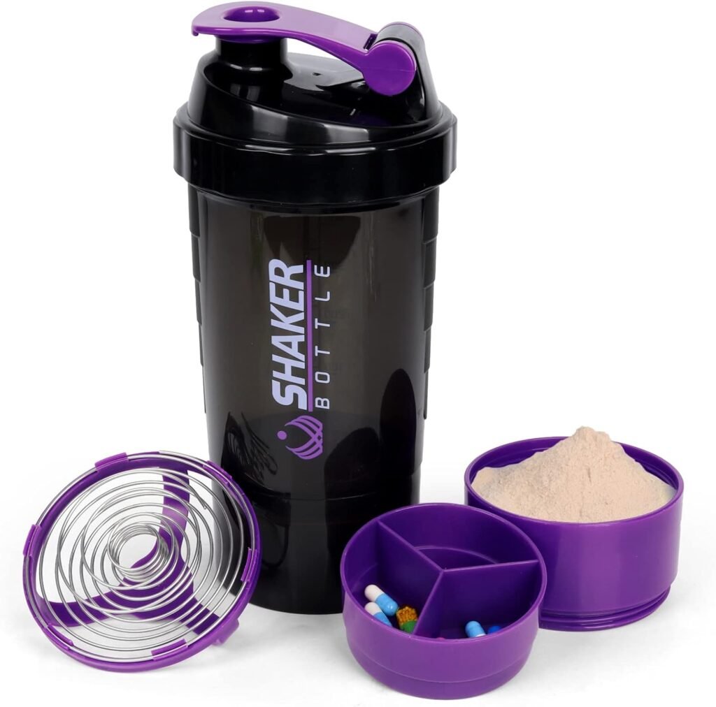 Shaker Bottle Protein Shaker Bottles with Storage and Mix Ball, 16OZ Sports Water Bottle with Pill Organizer,Leak Proof Portable Shaker Bottles for Protein Mixes and Pre Work Out,BPA Free(purple)