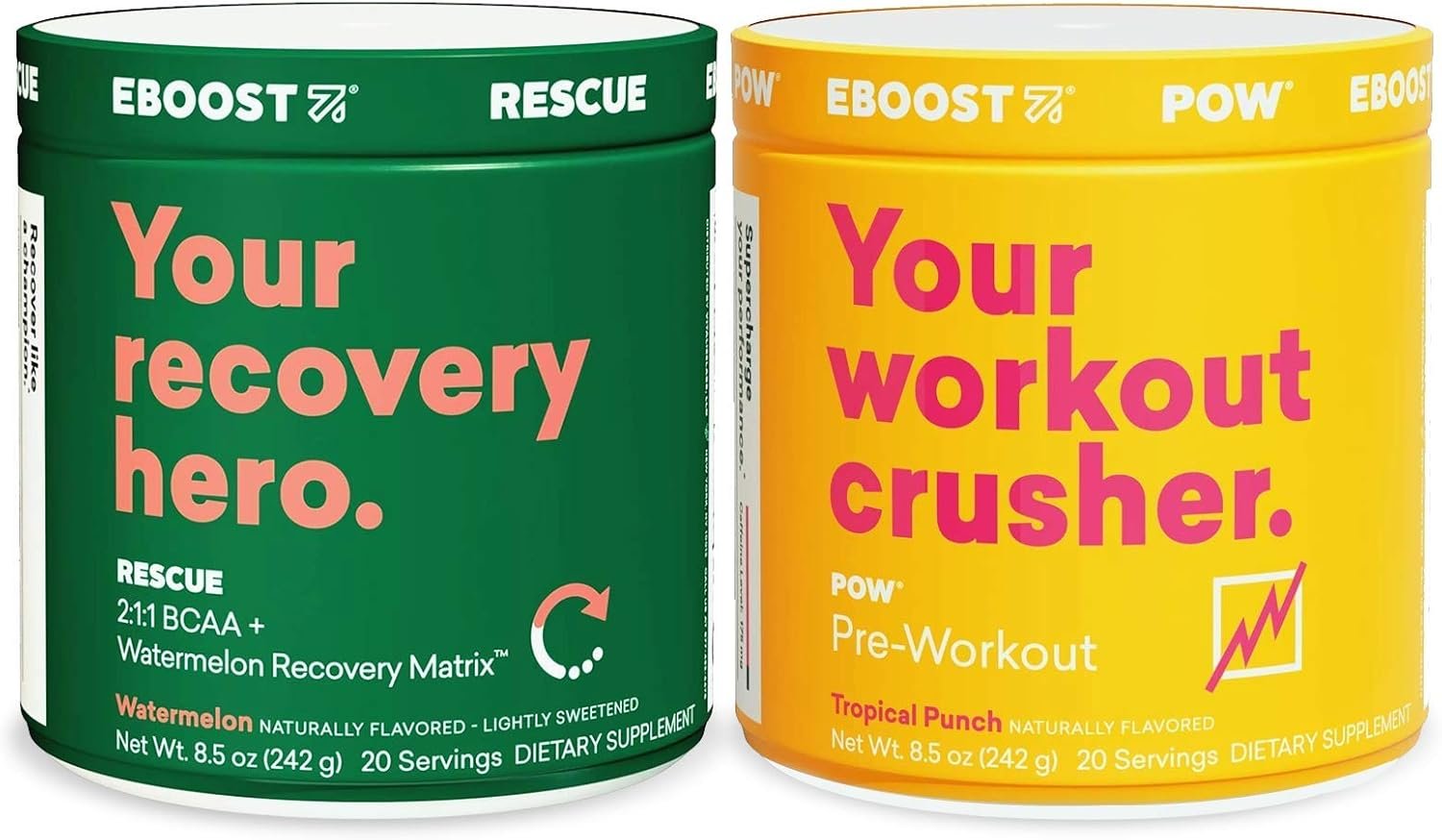 EBOOST POW Pre-Workout and Rescue BCAA Tub Bundle - Pre and Post Workout Supplement Powder for Performance, Joint Mobility, Support Recovery and Energy - Non-GMO, Gluten-Free, No Creatine